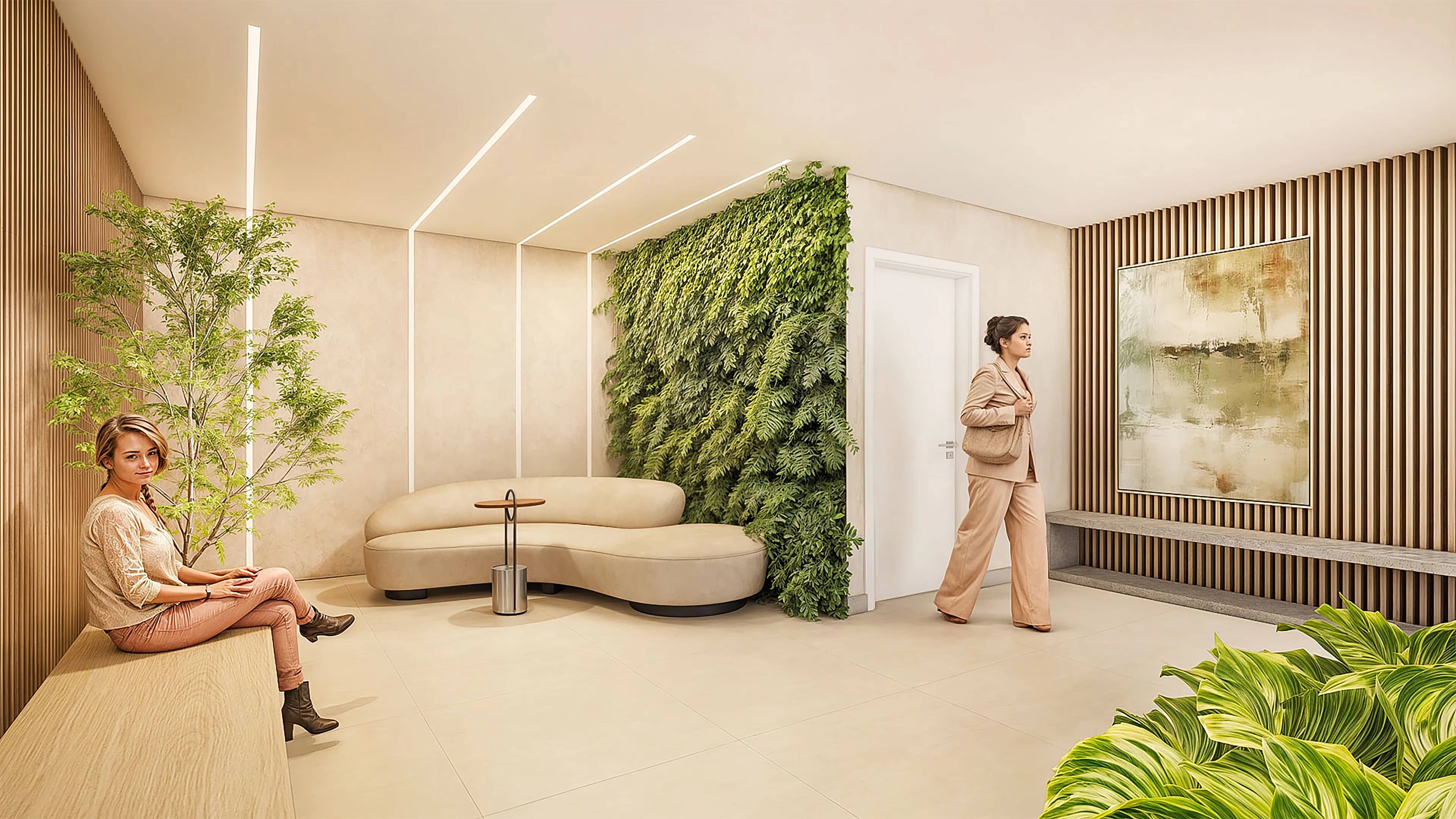 Hall de entrada do Altus com jardim vertical e poltronas
