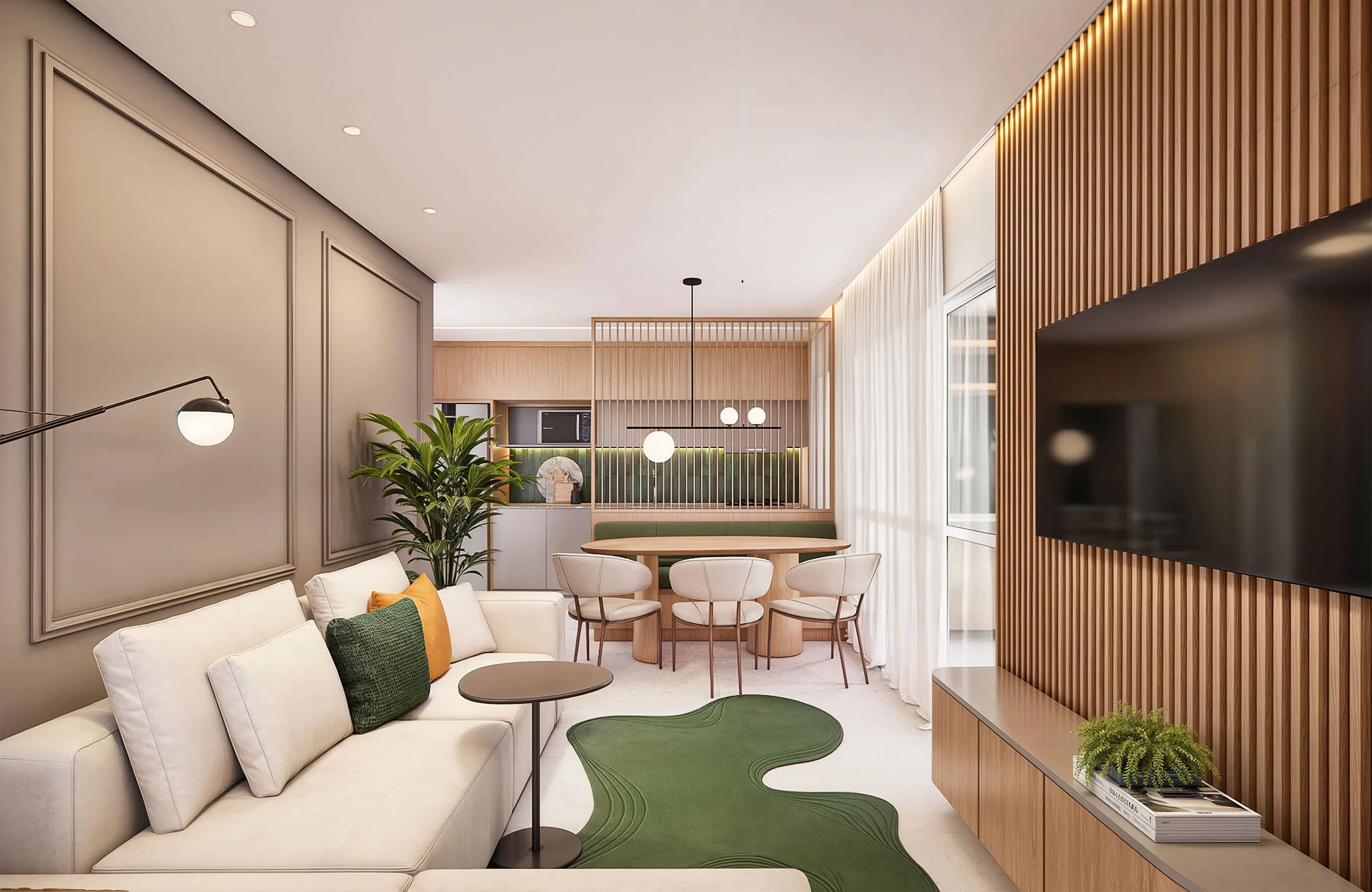Sala de estar do apartamento de 3 dormitórios do Altus com sofá claro e painel de madeira
