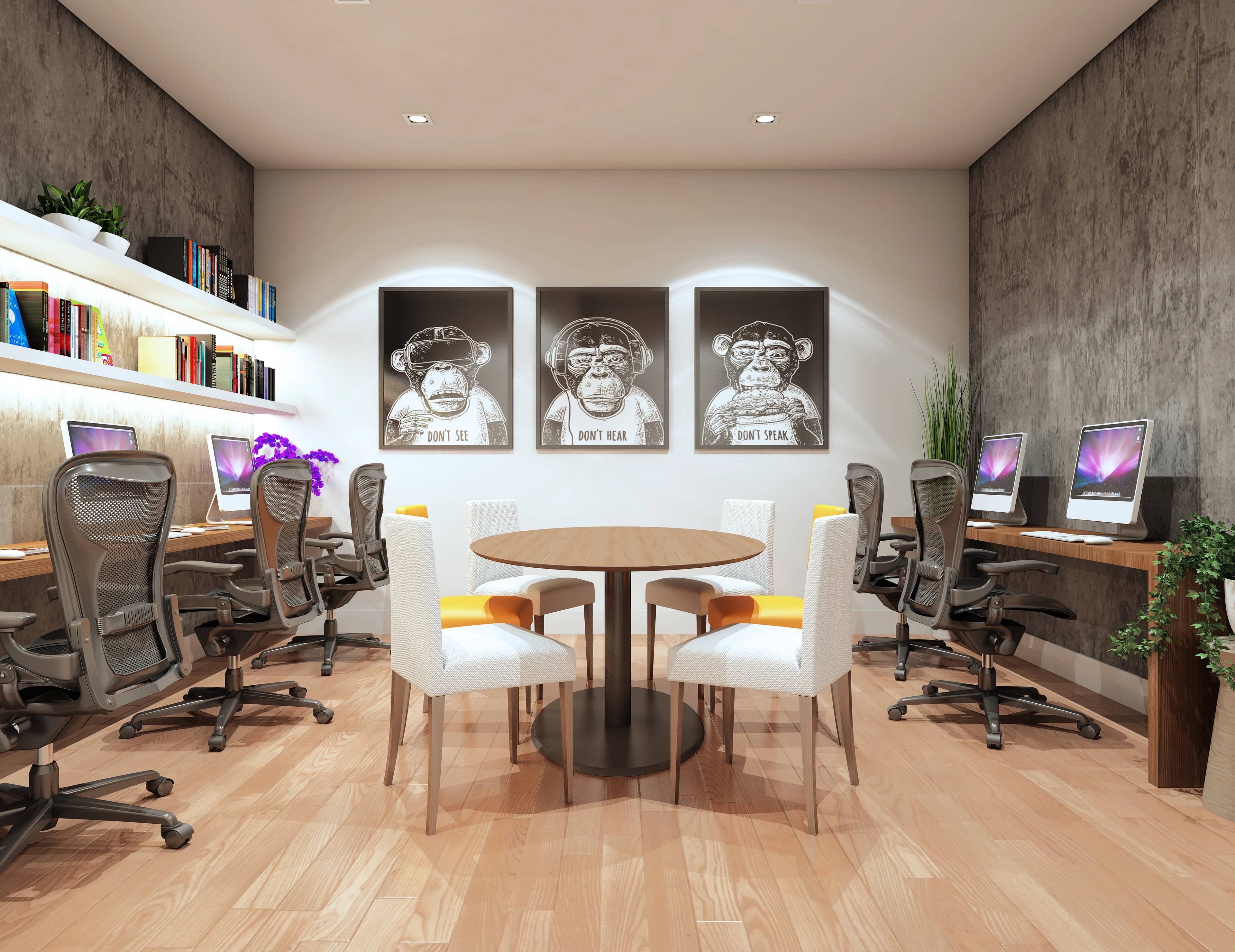 Coworking do Neori com mesas e computadores