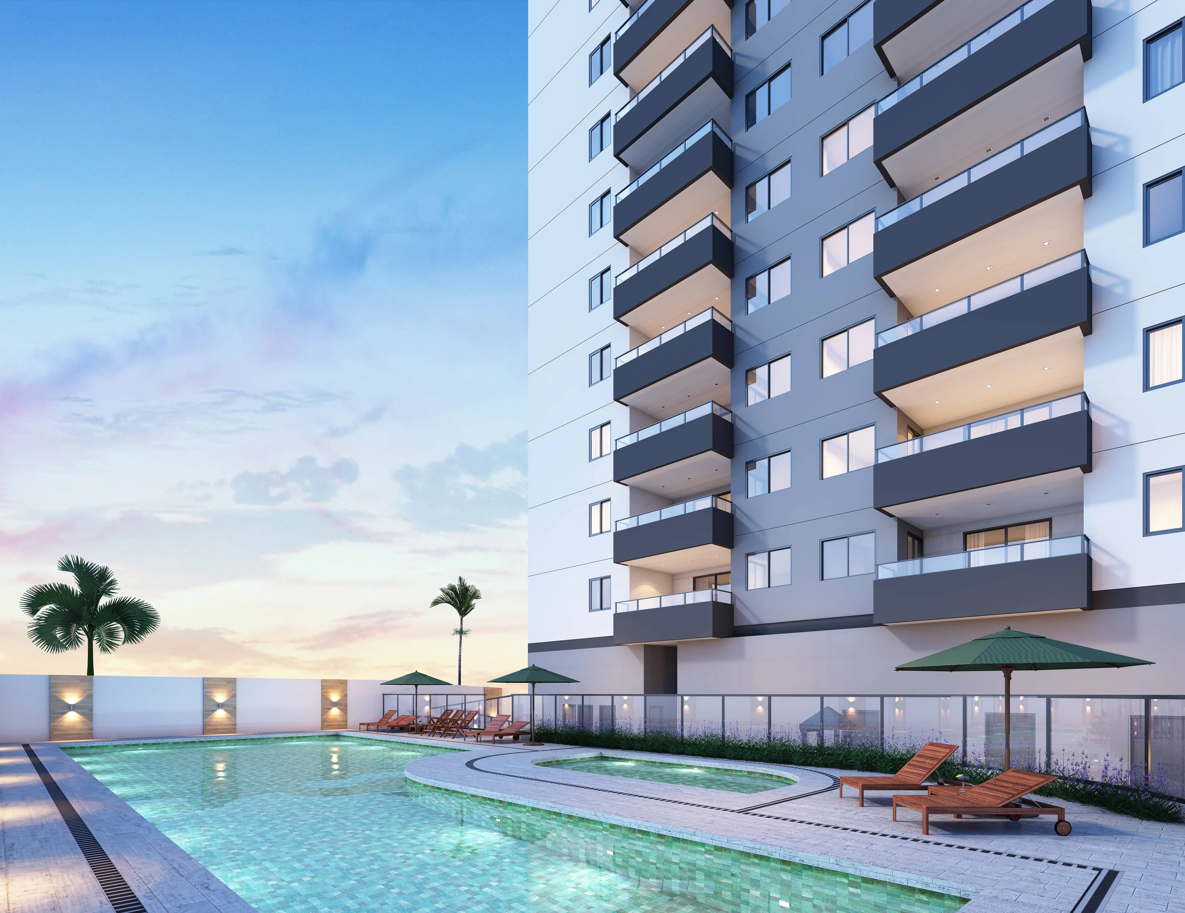 Piscina do Neori ao entardecer, com a torre à direita