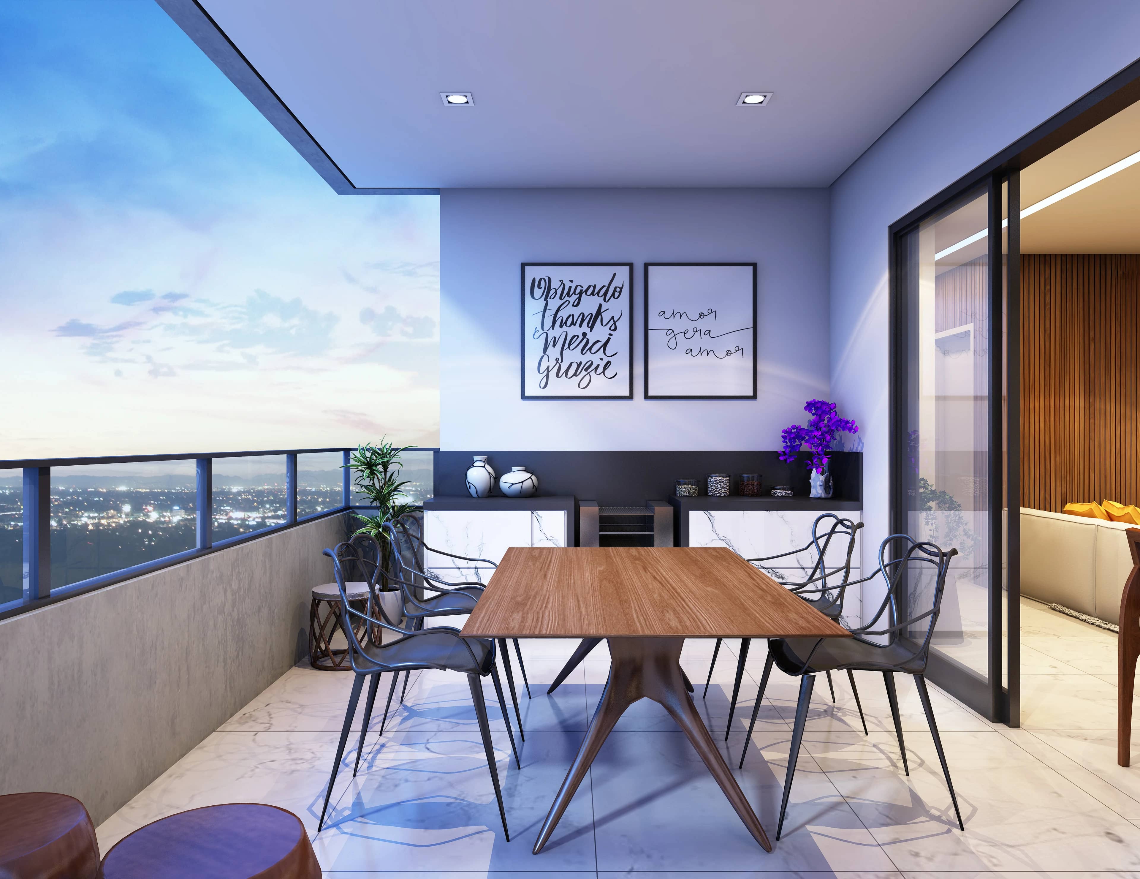 Sacada do Neori com mesa de jantar e vista para a cidade