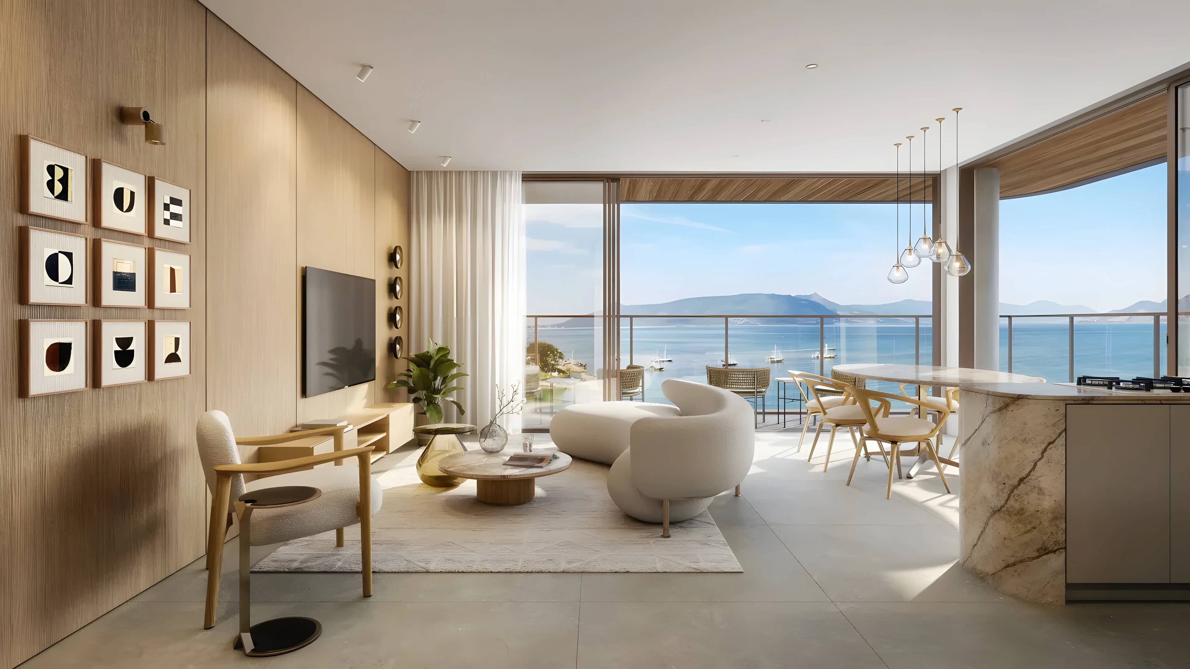 Living de apartamento do Scenarium com janelas para o mar