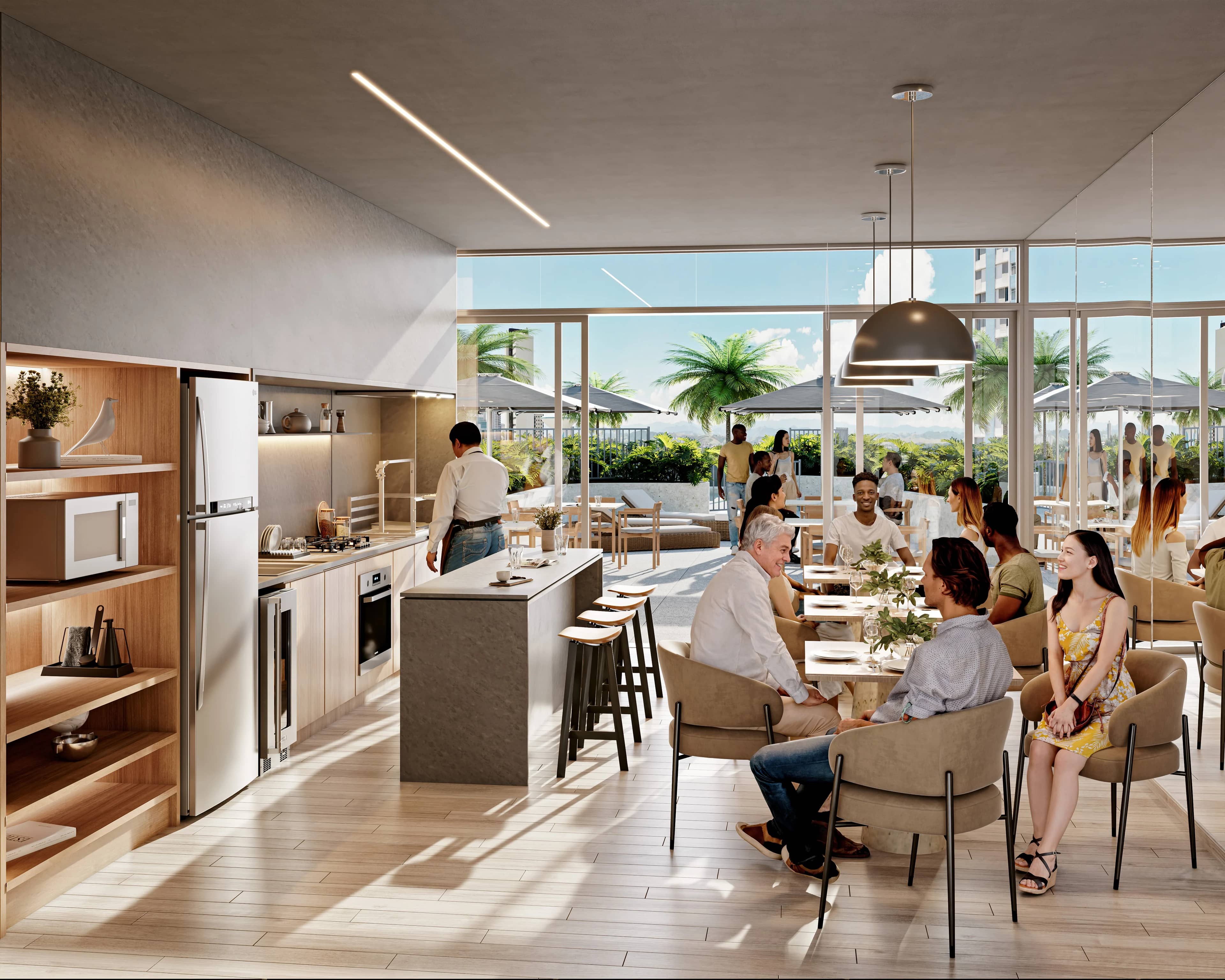 Espaço gourmet do Serena com bancada, mesas e pessoas conversando