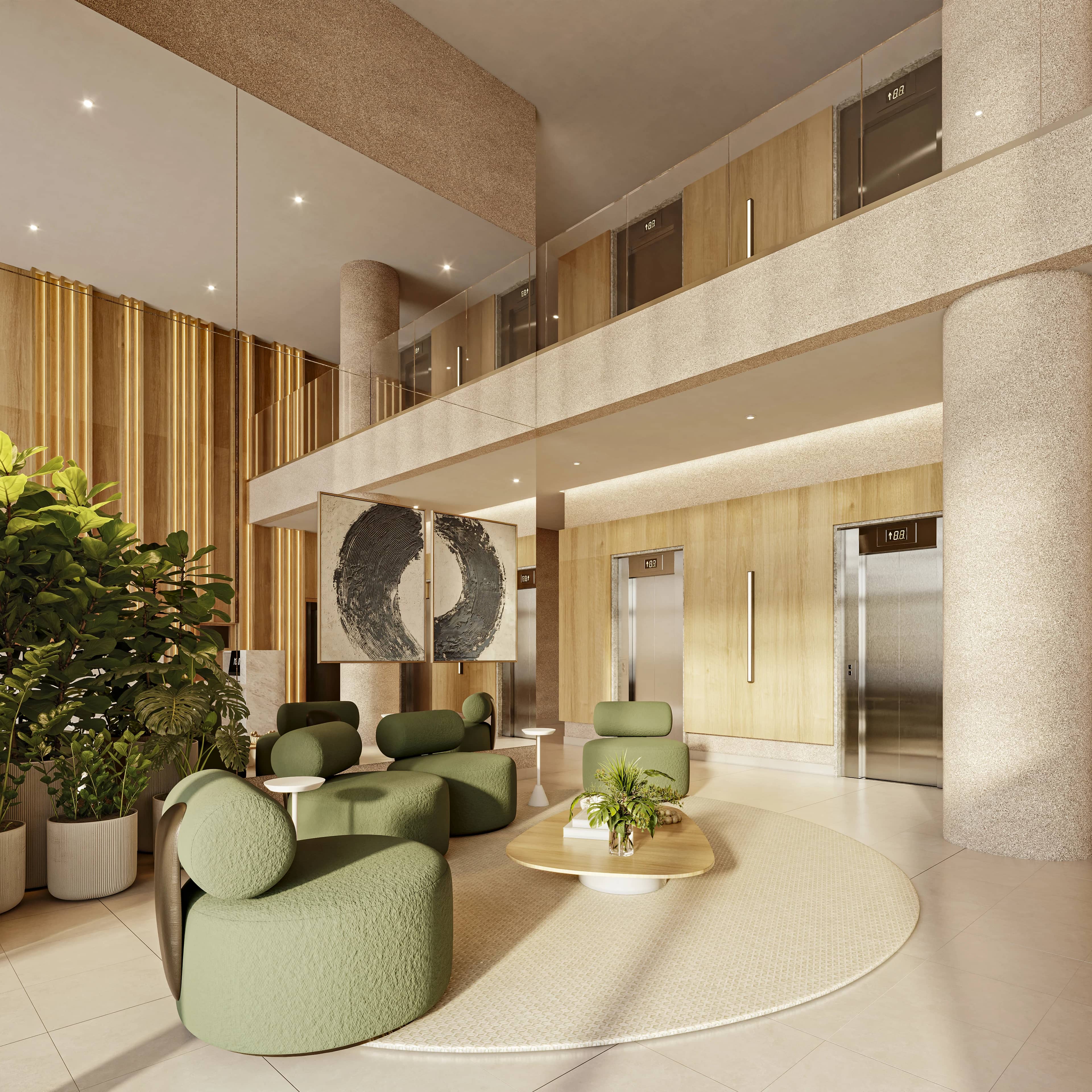 Lobby do Serena com poltronas verdes e pé-direito duplo