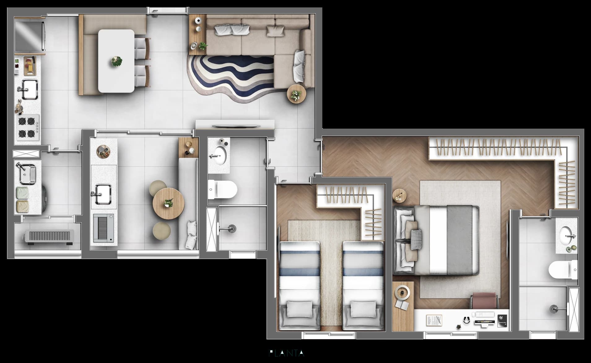 Planta do apartamento de 2 dormitórios do Altus com suíte, quarto, sala, cozinha e varanda gourmet