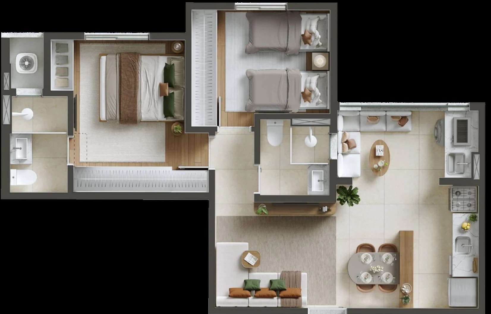 Planta humanizada UP do Next Home: 2 dormitórios com suíte, sala, cozinha e varanda, 56 m²