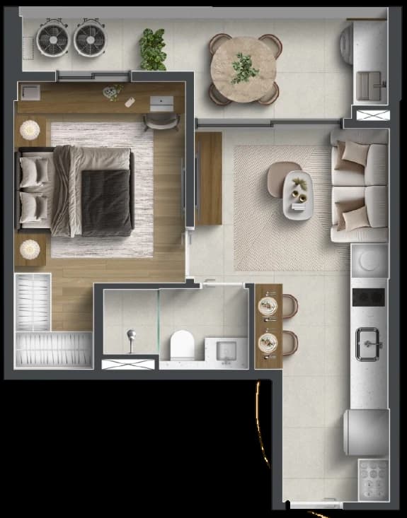 Planta do apartamento de 1 dormitório do Senses, 41,72 m²
