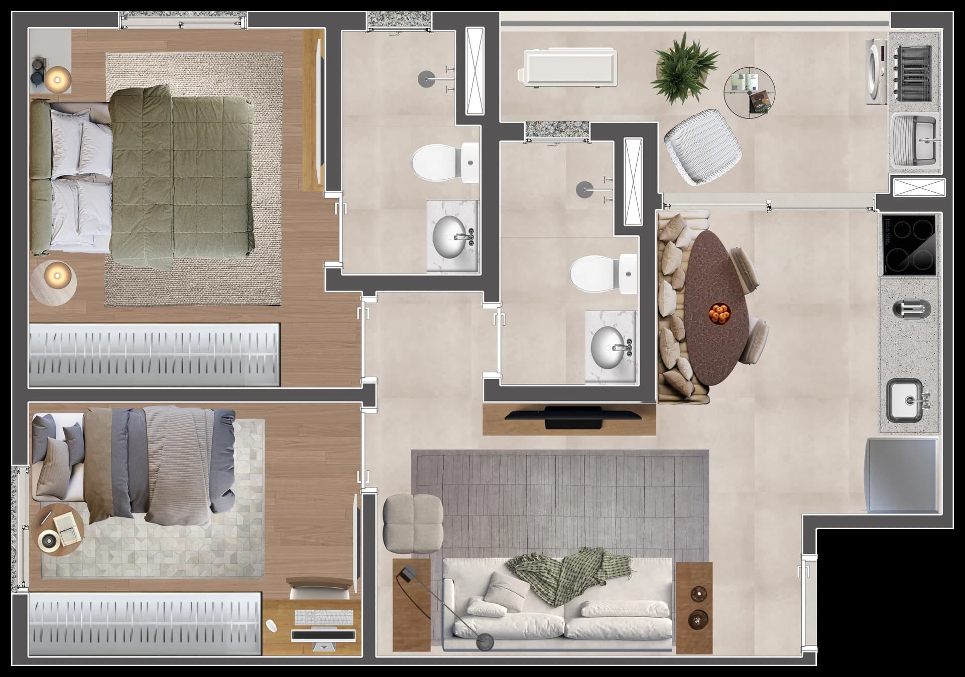 Planta humanizada do apartamento de 2 dormitórios com suíte do Sky Breeze, final 15, 53,71 m²