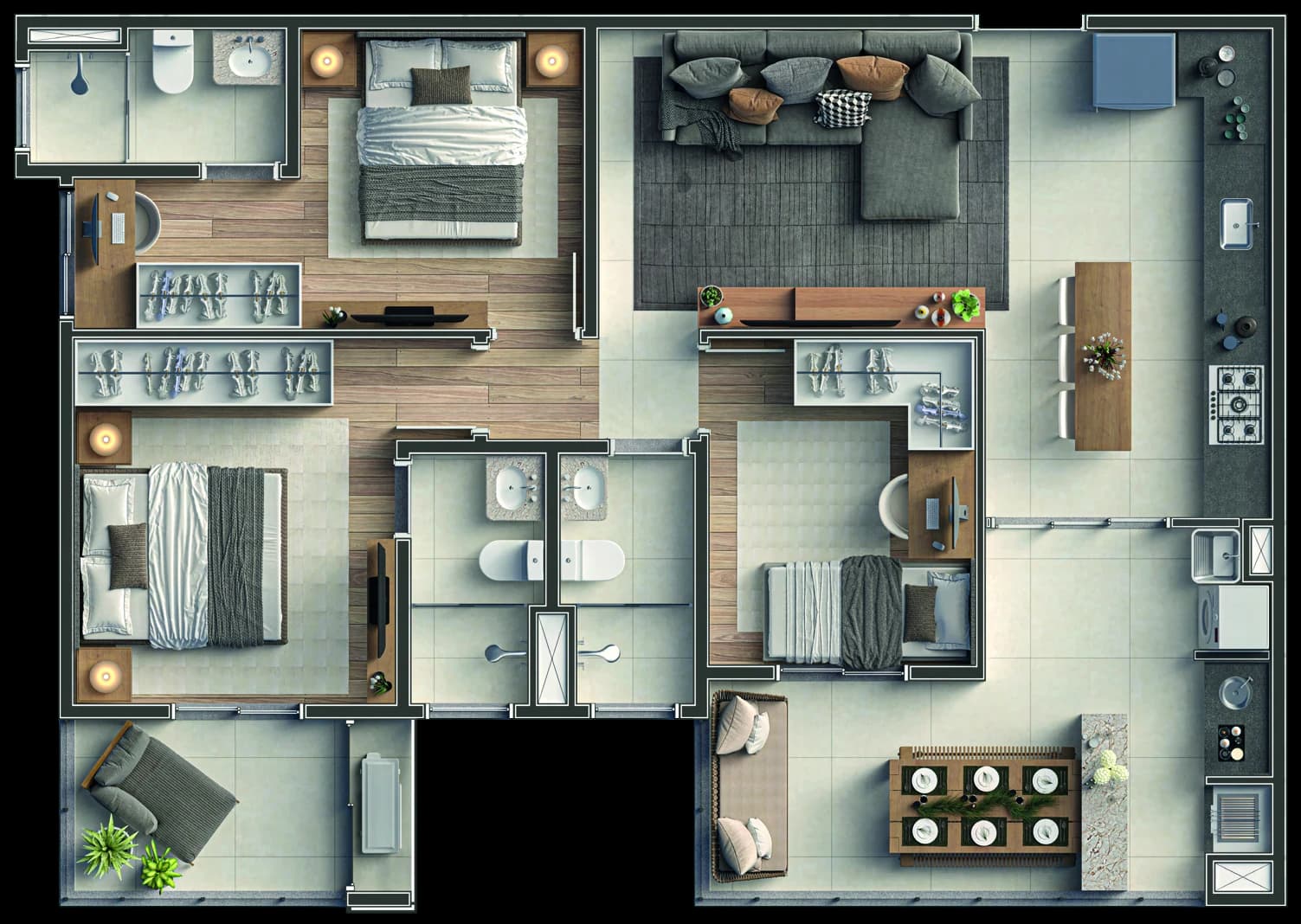 Planta humanizada do apartamento de 3 dormitórios com 2 suítes do Speciale, 84 m²