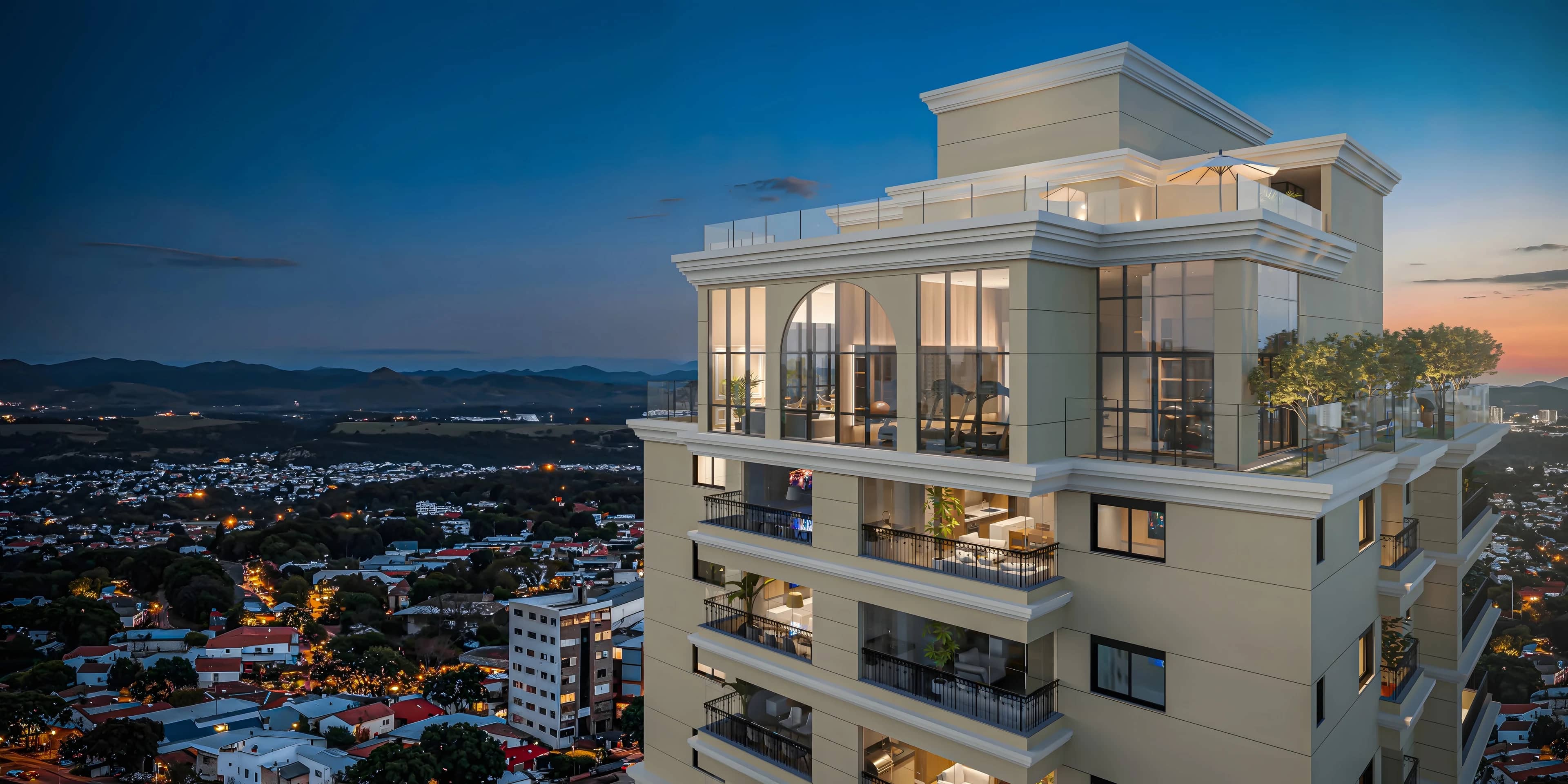 Topo da torre do Harmonic com terraços das coberturas ao entardecer