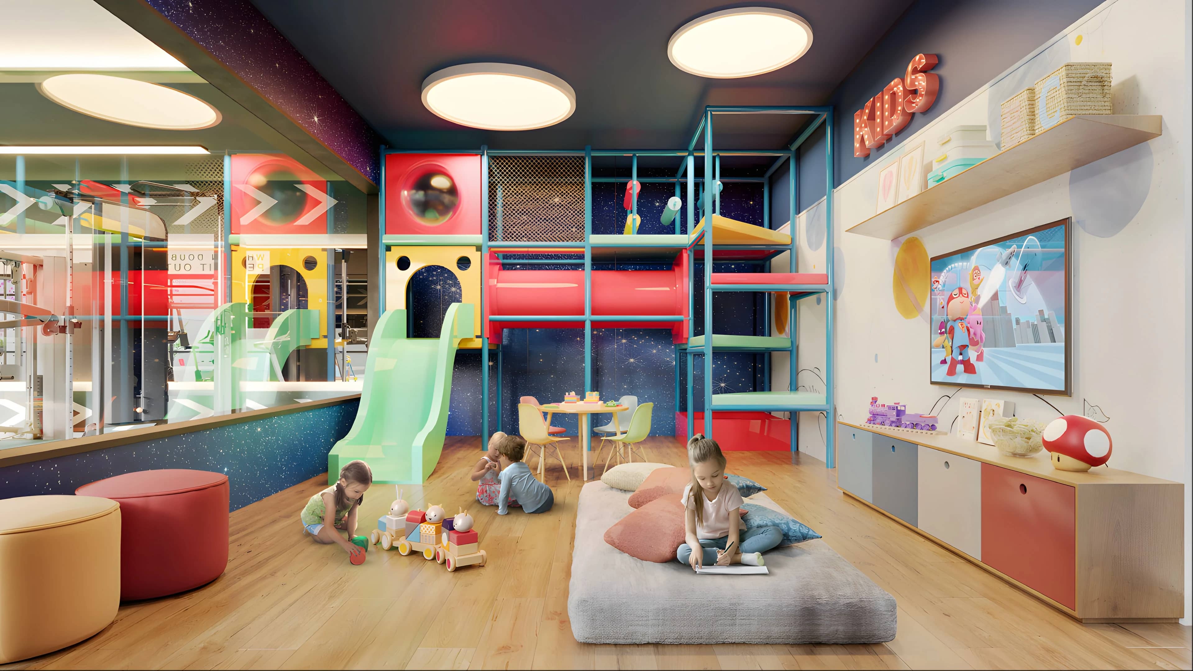 Brinquedoteca do Next Home com estrutura colorida de escalar, escorregador e mesinha infantil
