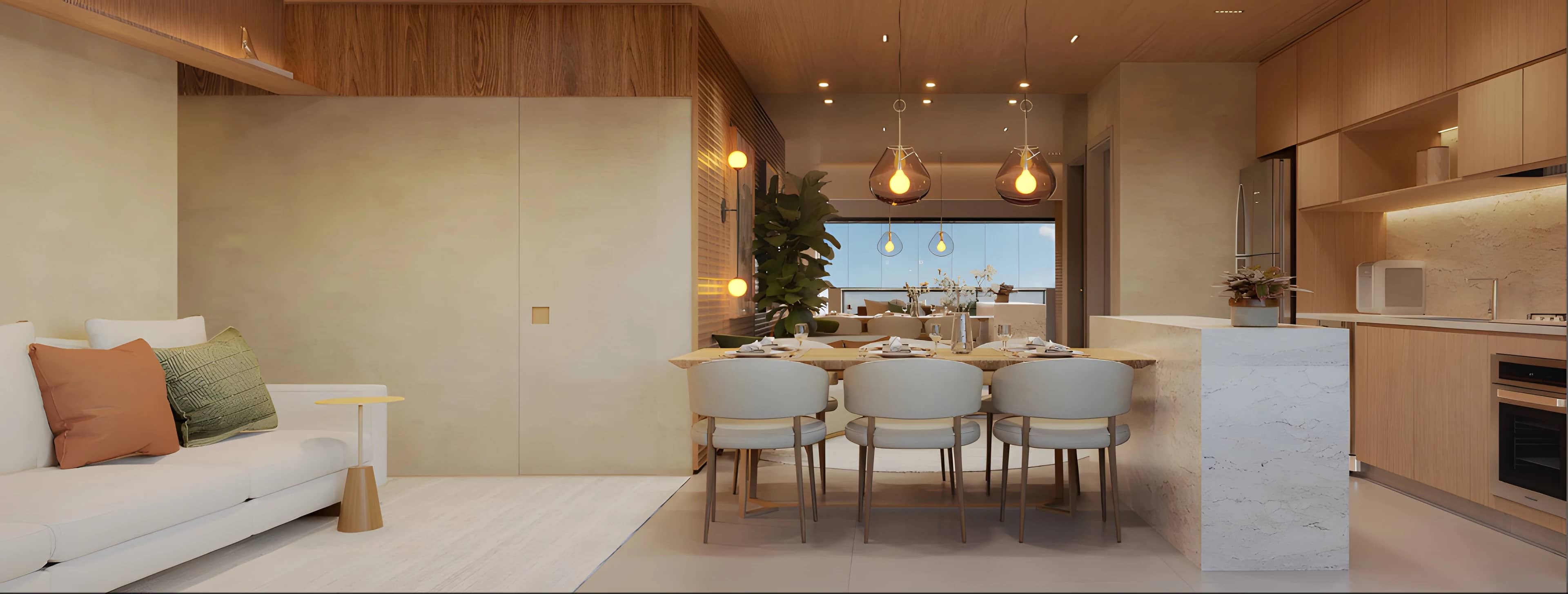 Sala com sofá e mesa de jantar integrada à cozinha com bancada de pedra no Next Home