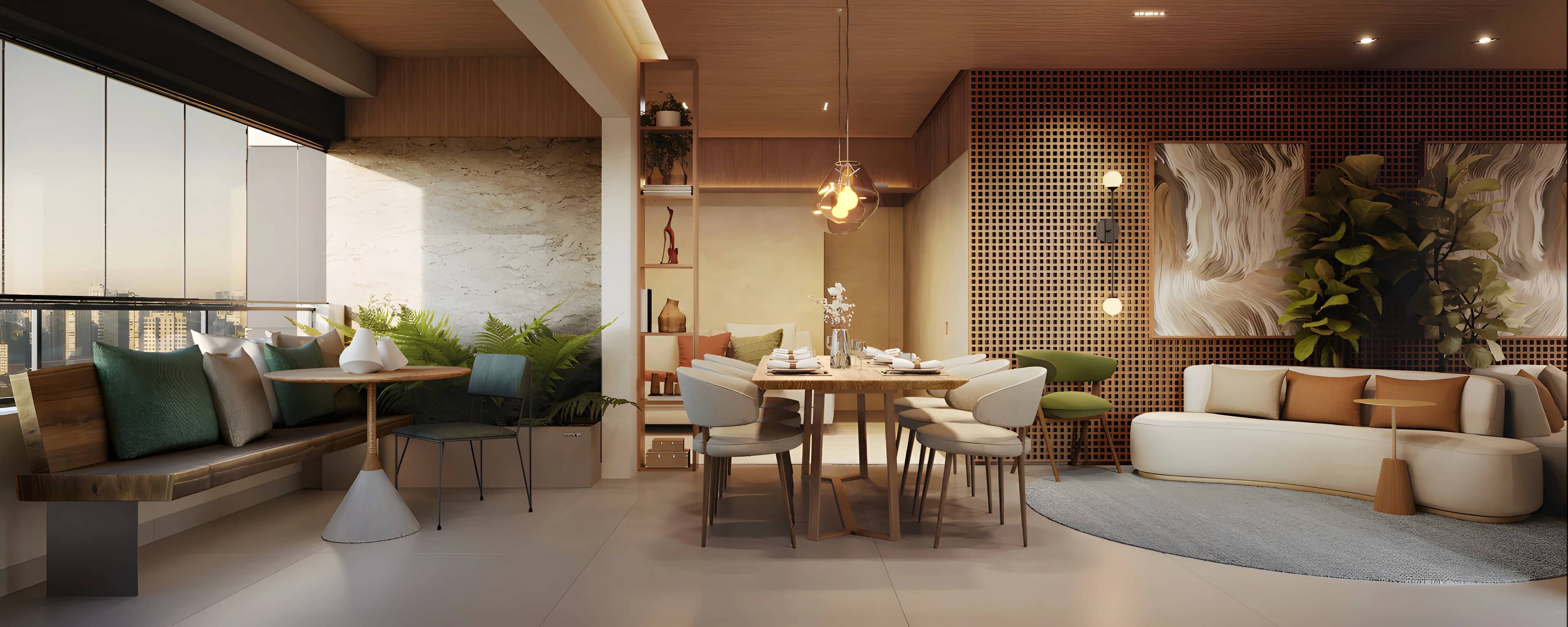 Varanda integrada à sala do Next Home, com banco estofado, mesa de jantar e sofá