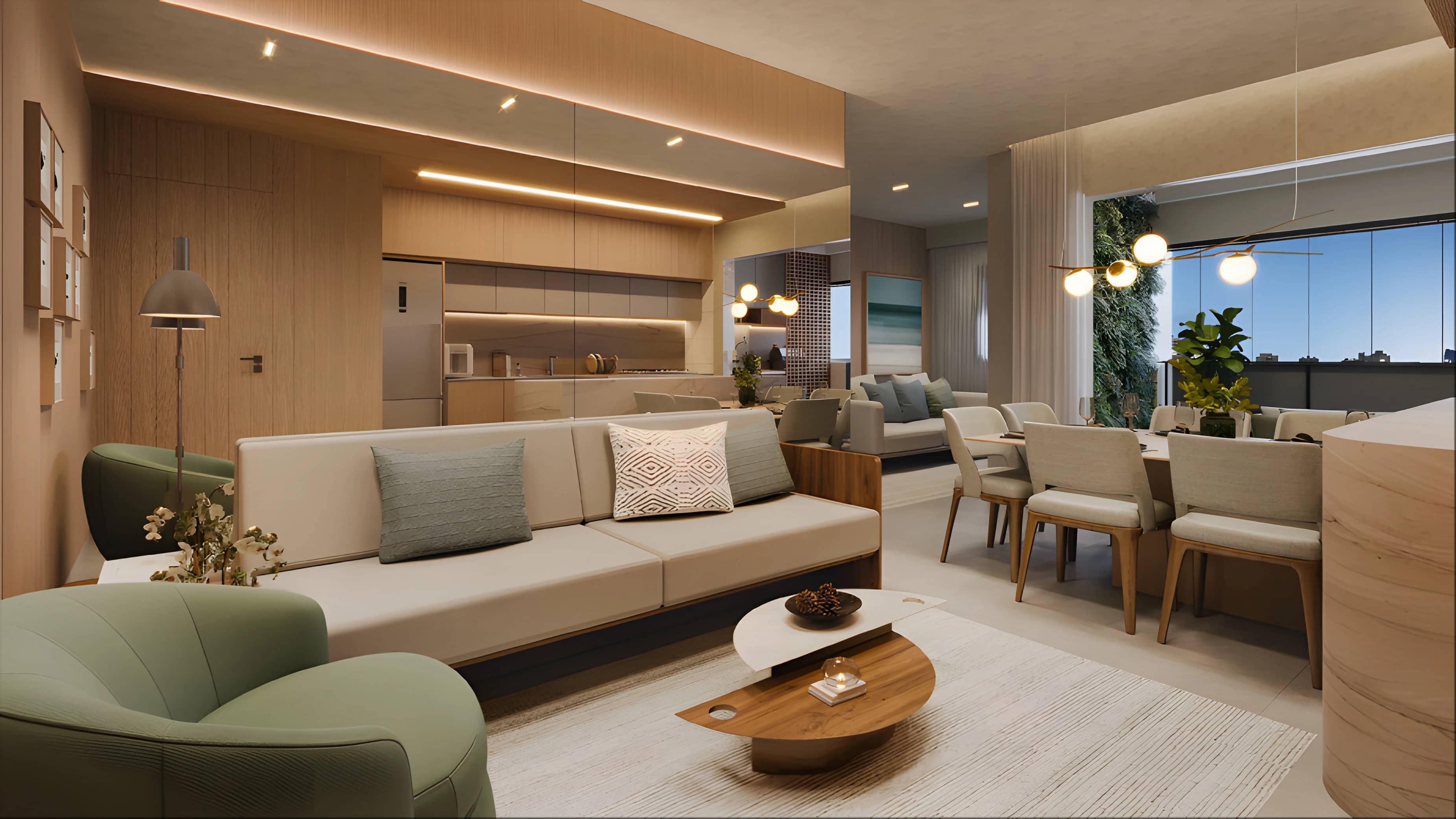Sala de estar com poltronas verdes e mesa de jantar junto à varanda envidraçada do Next Home