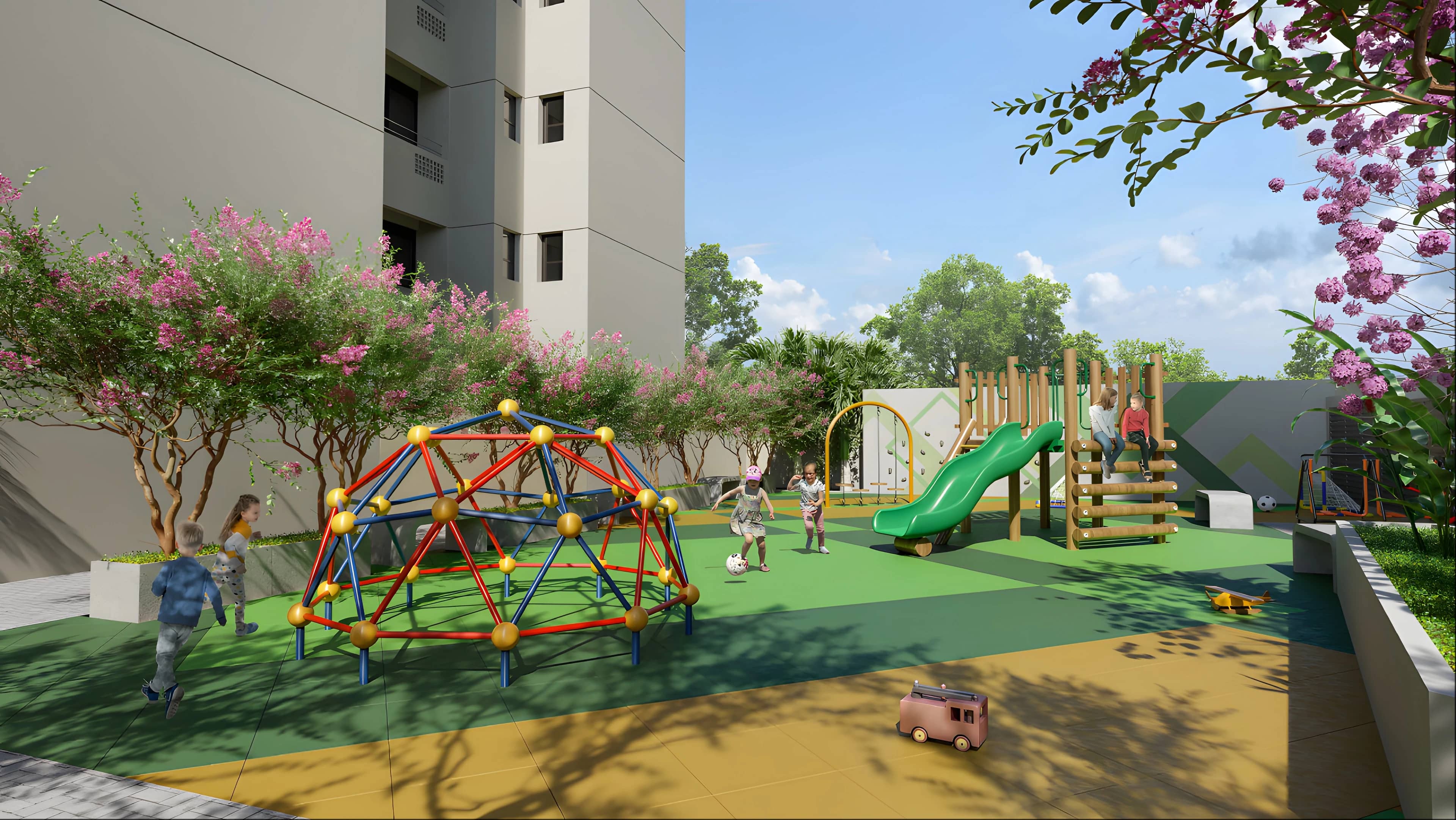 Playground do Next Home com domo de escalada, escorregador e piso emborrachado