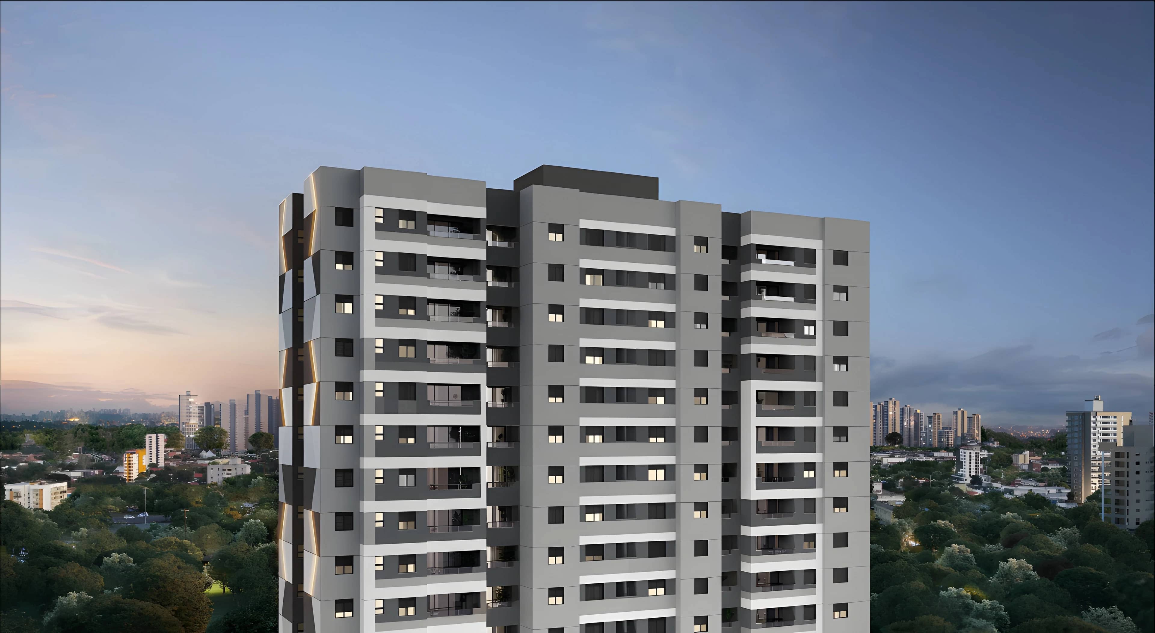Torres do Next Home ao entardecer, com a cidade de São José dos Campos e o verde ao redor