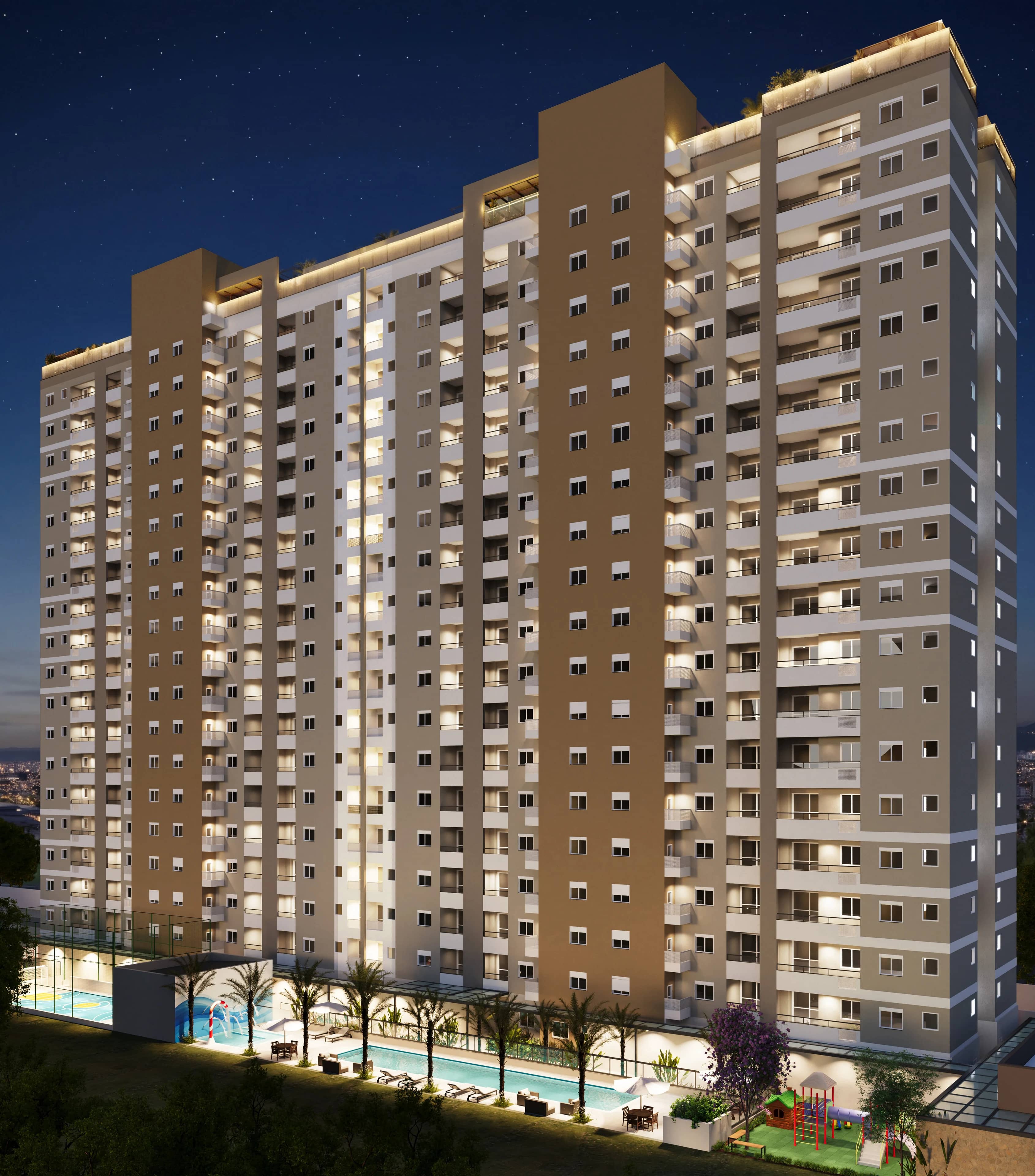 Torre do Sky Breeze à noite, com as janelas acesas e a piscina iluminada no térreo