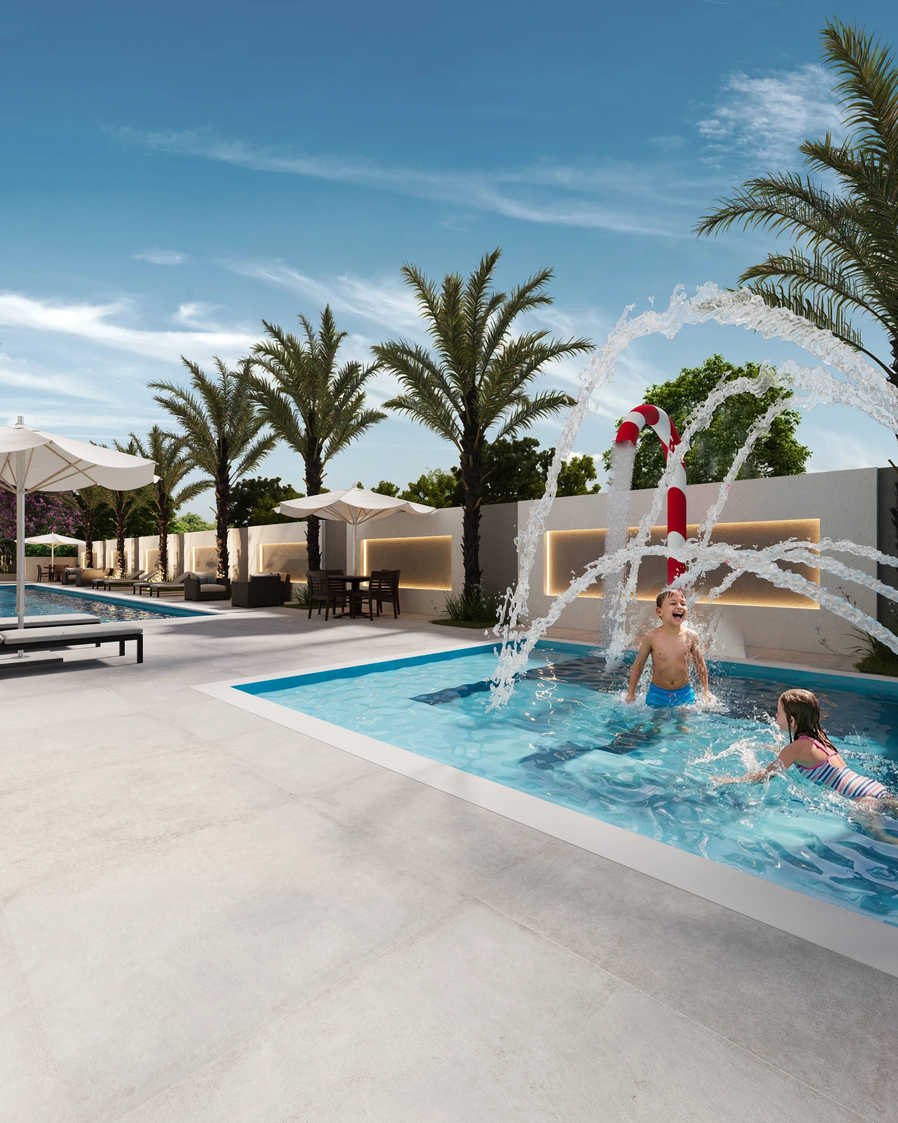 Piscina infantil do Sky Breeze com jatos de água e crianças brincando