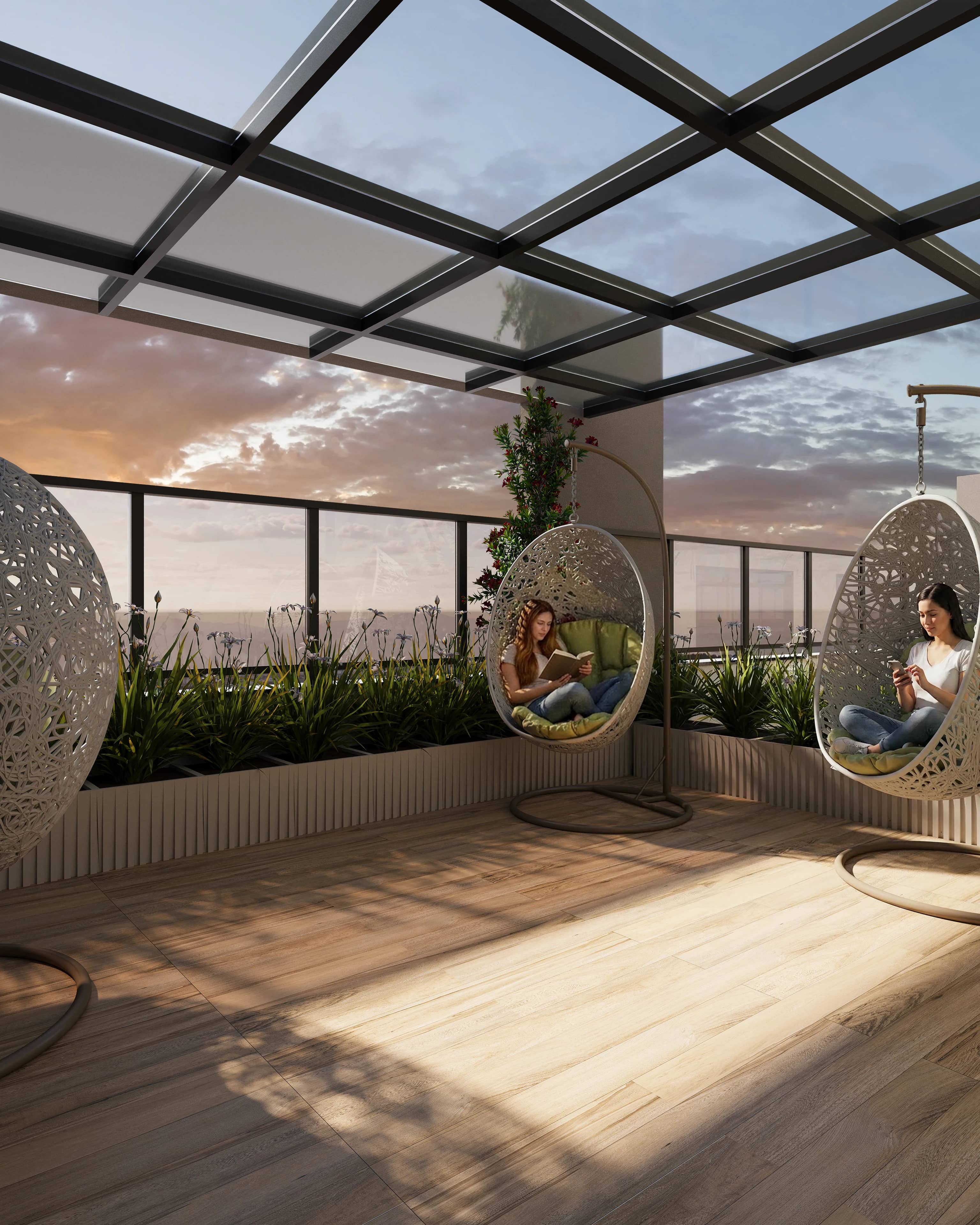 Redário do Sky Breeze com cadeiras suspensas sob pergolado e vista da cidade