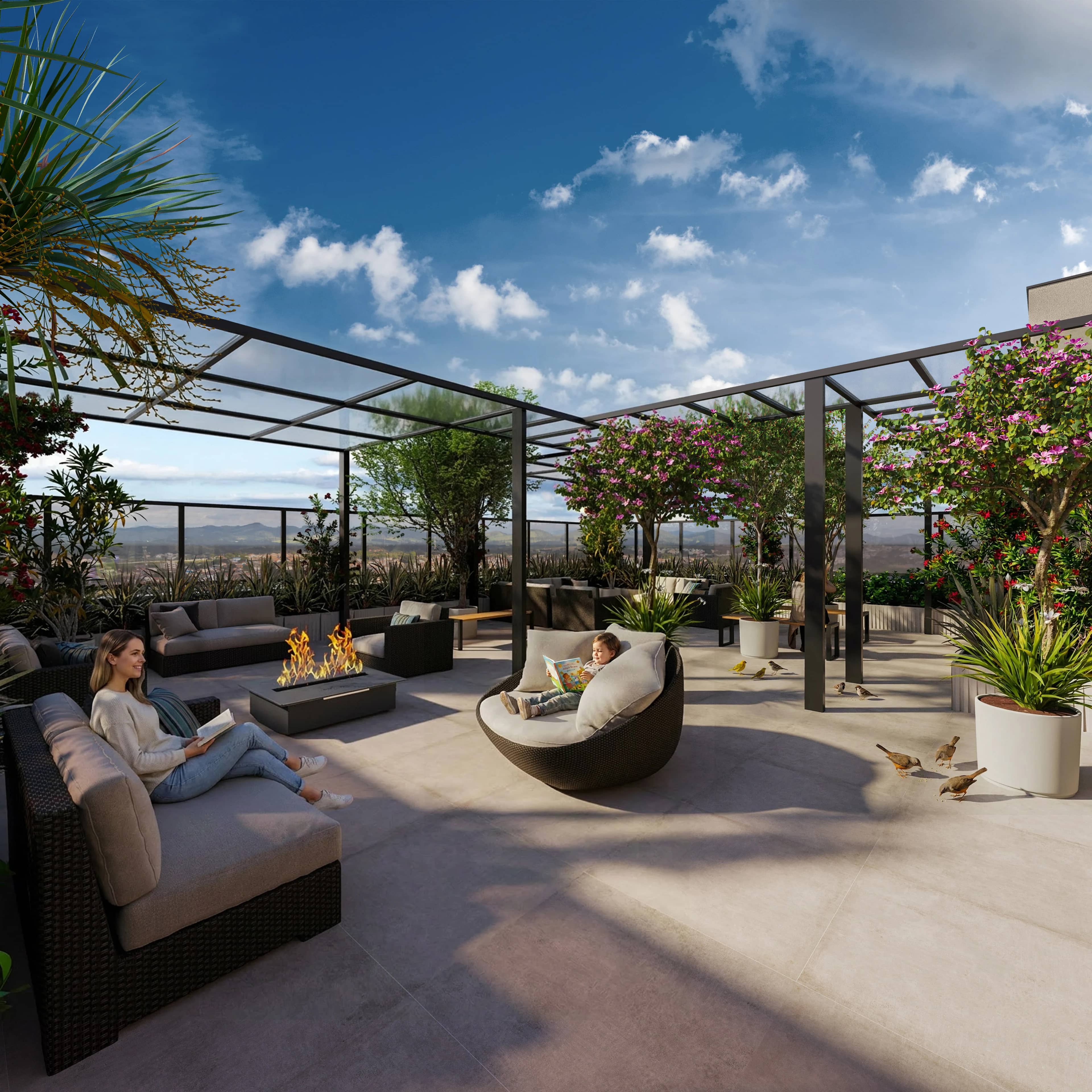 Lounge no rooftop do Sky Breeze com sofás, lareira e pergolado