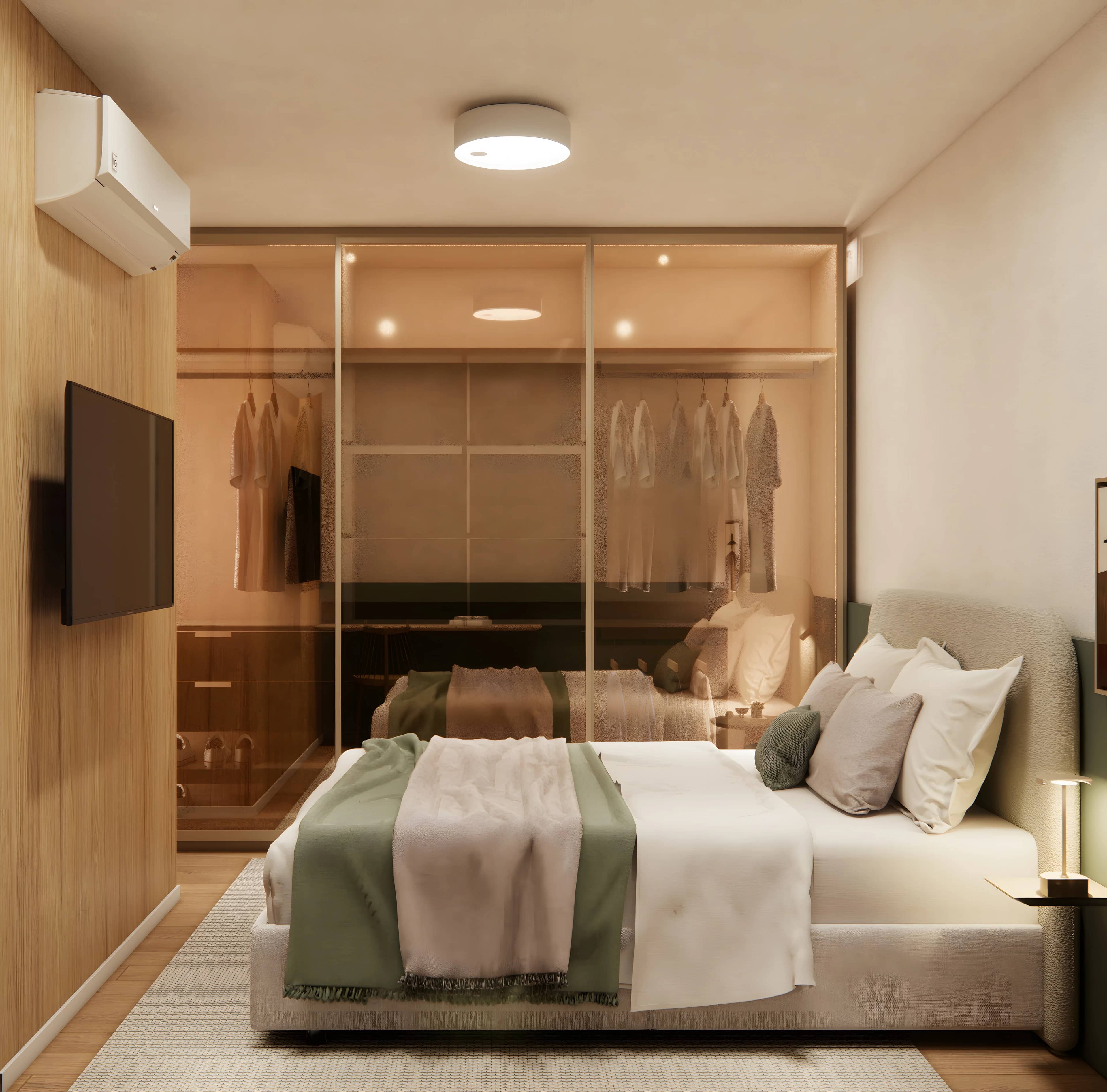 Suíte do decorado do Sky Breeze com armário de portas de vidro, TV e ar-condicionado