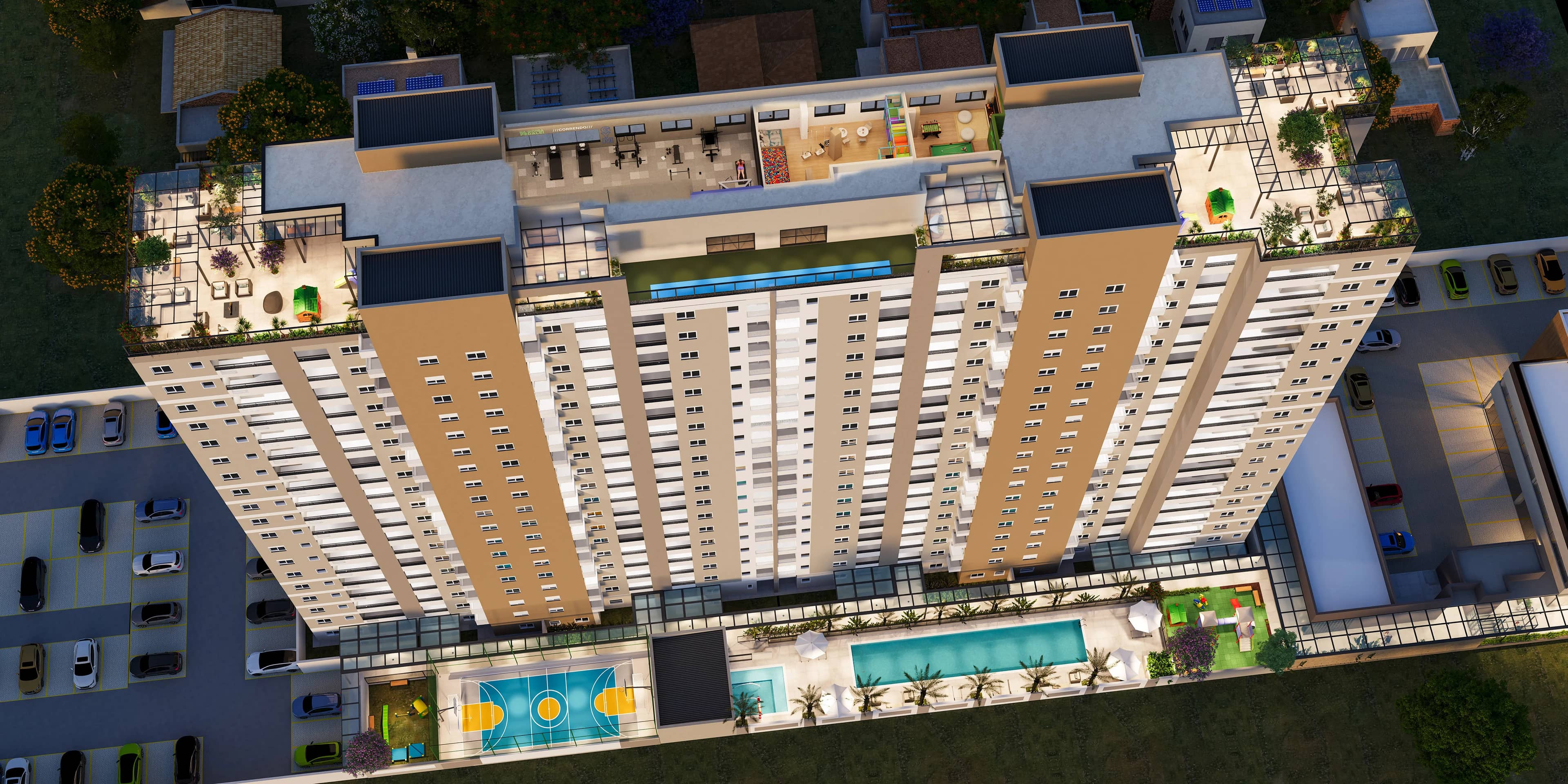 Vista aérea do Sky Breeze com os dois rooftops na cobertura e a piscina e a quadra no térreo