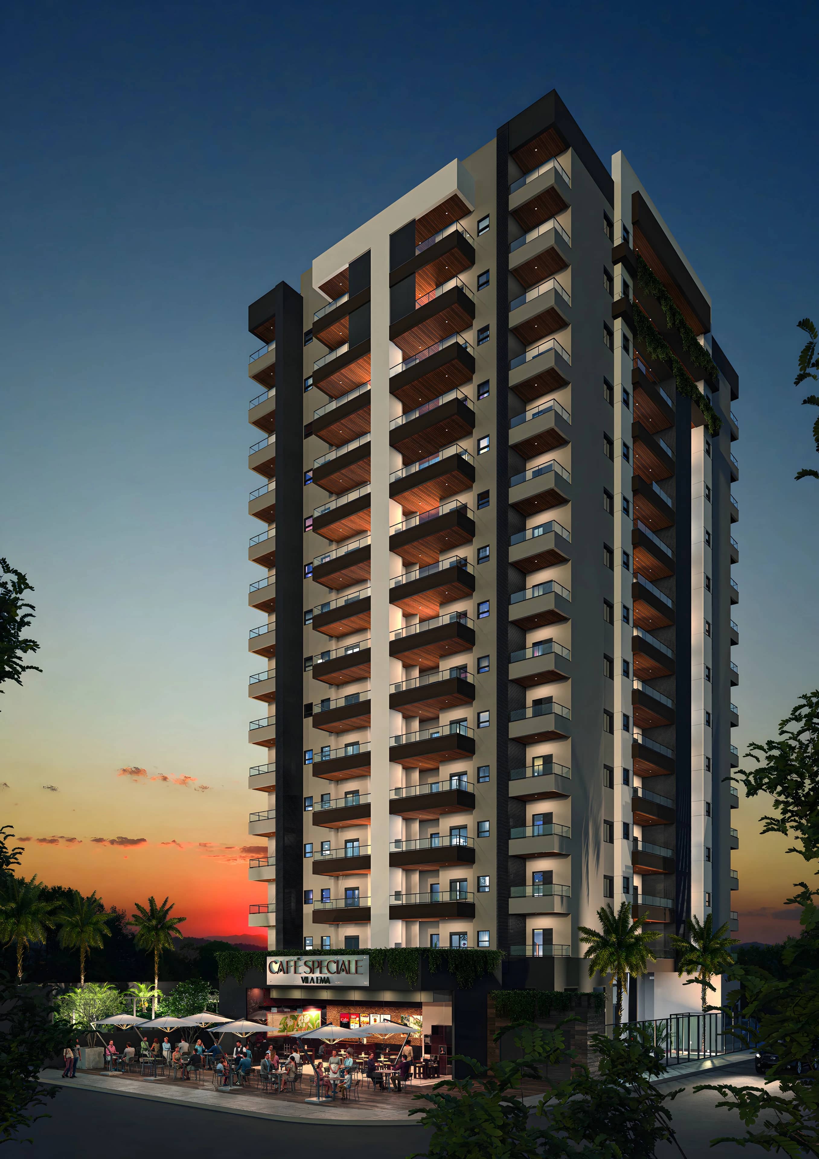 Torre do Speciale ao anoitecer, com o térreo iluminado