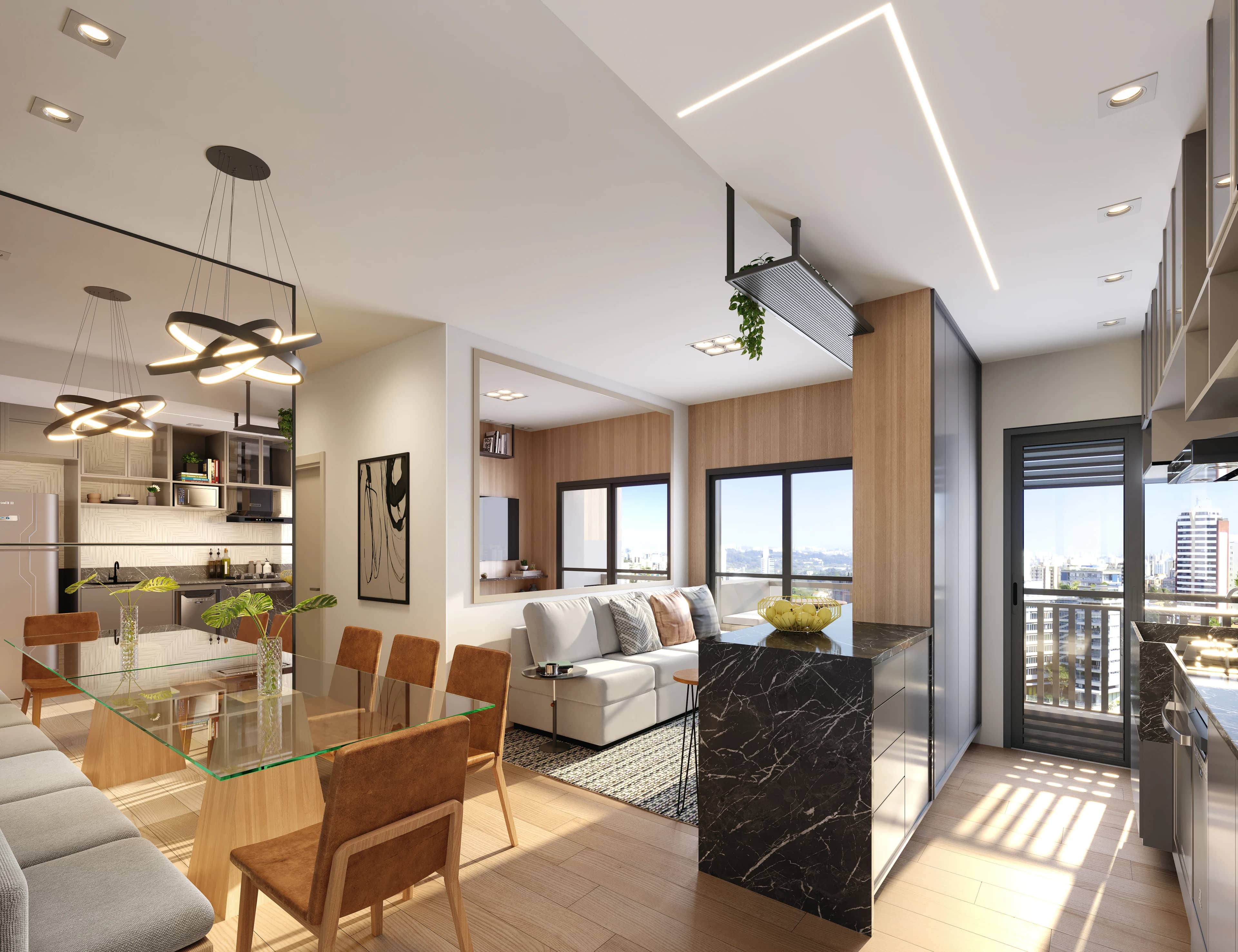 Sala de jantar e estar integradas à cozinha no apartamento de 2 dormitórios do Vision Colinas