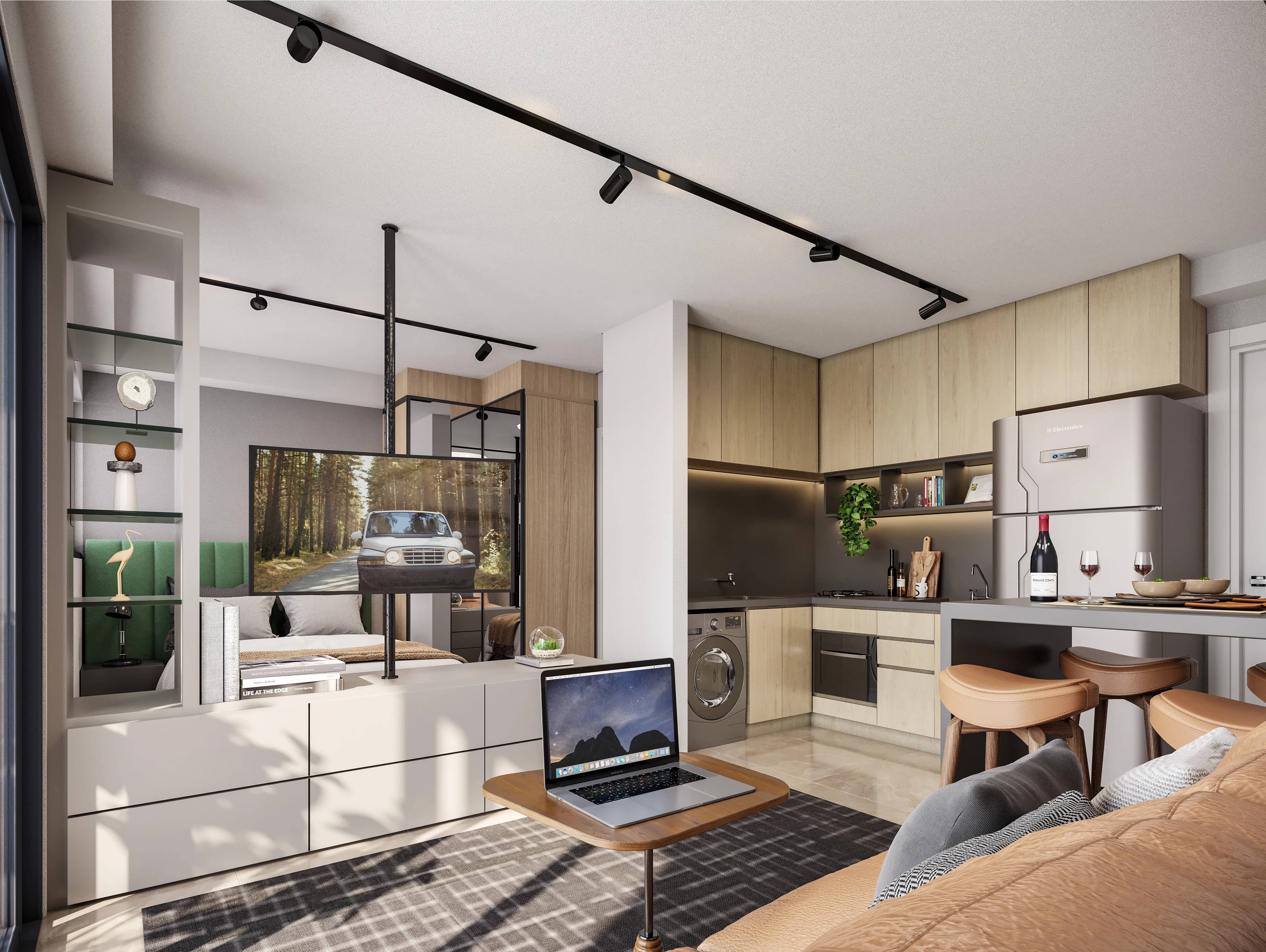 Apartamento studio do Vision Colinas com cozinha, sala e cama integradas