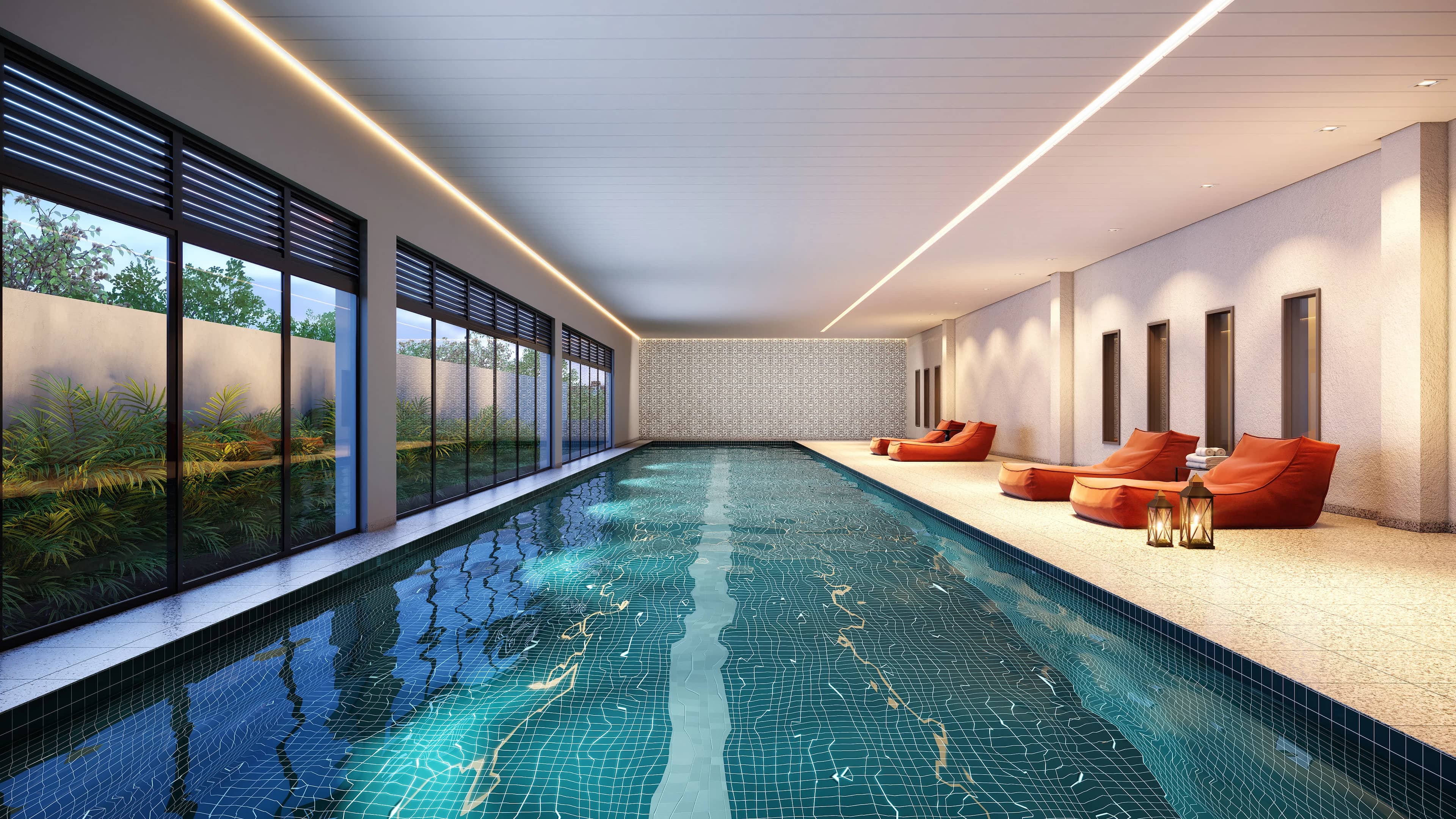 Piscina coberta e climatizada do Vision Colinas com raia longa e espreguiçadeiras