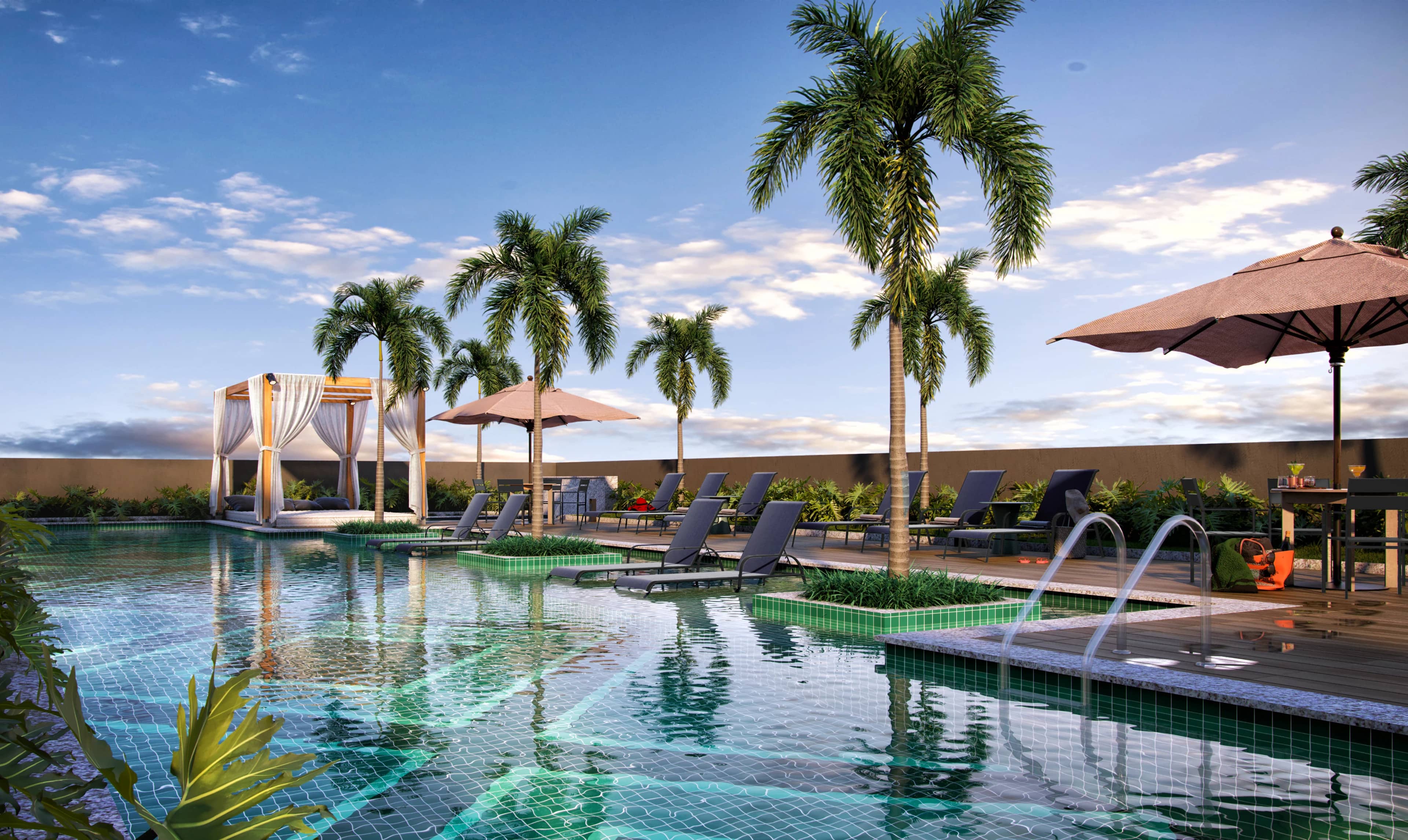 Piscina descoberta do Vision Colinas com deck molhado, palmeiras e guarda-sóis