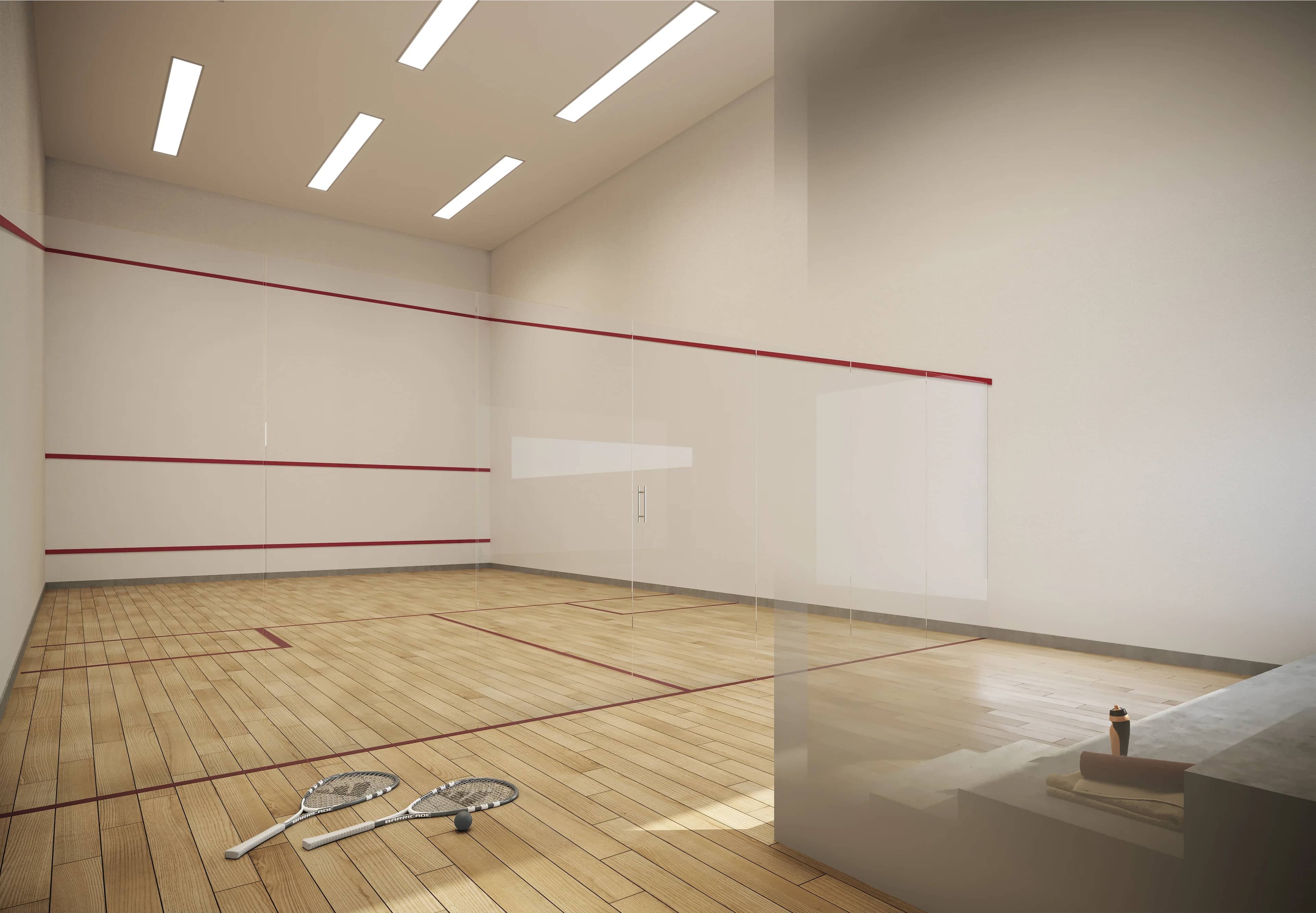 Quadra de squash do Vision Colinas com piso de madeira